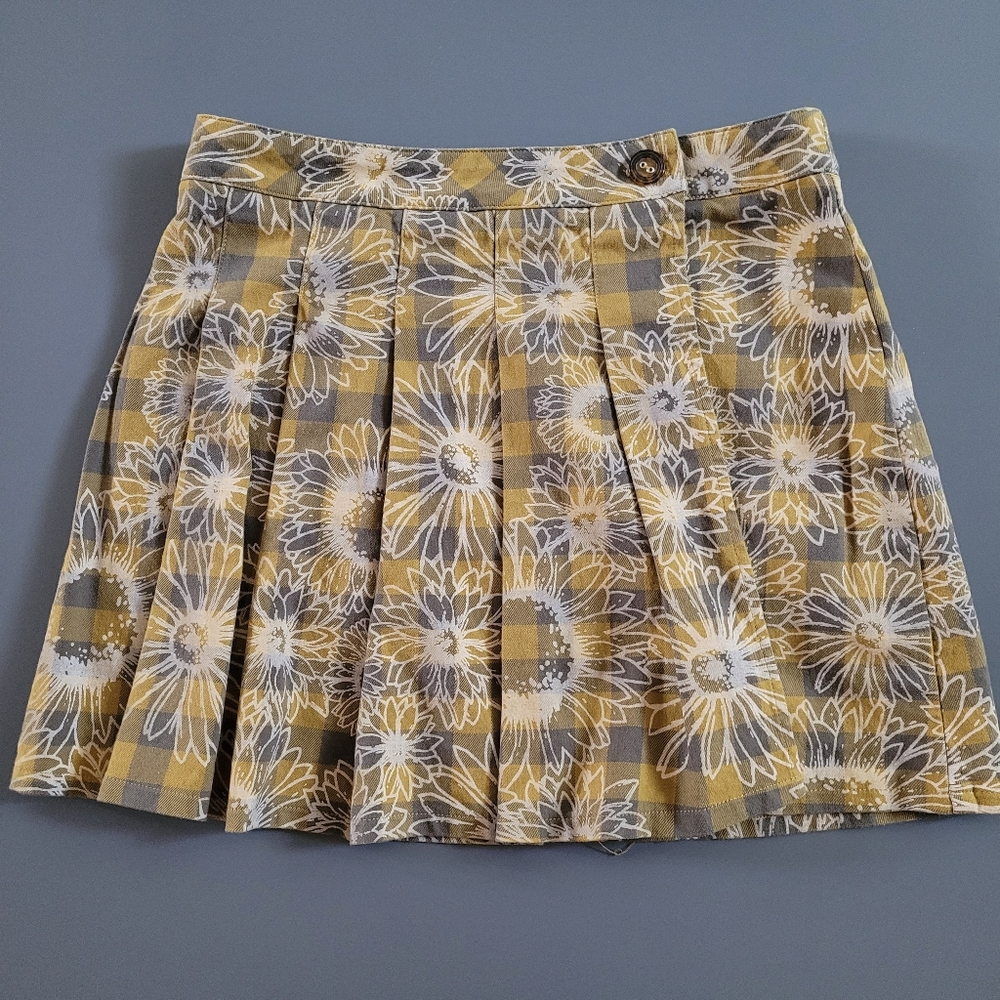 Urban Outfitters Yellow and Gray Plaid Wrap Pleated Floral Skater Skirt M